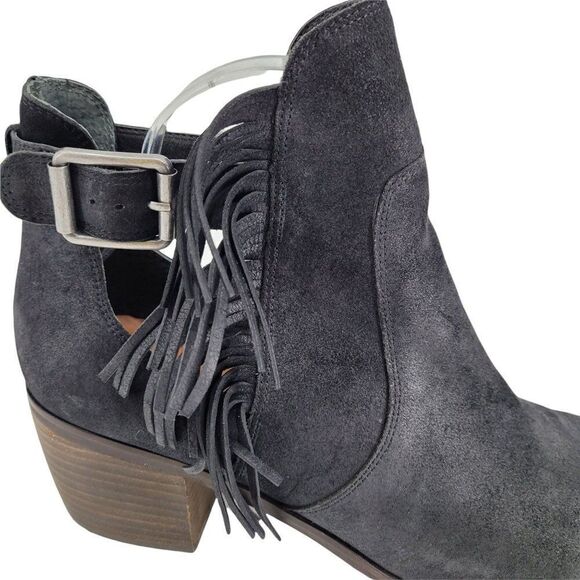 Lucky Brand Makenna Leather Fringe Block Chunky Cut Out Ankle Bootie Black Sz 10 - Picture 3 of 11